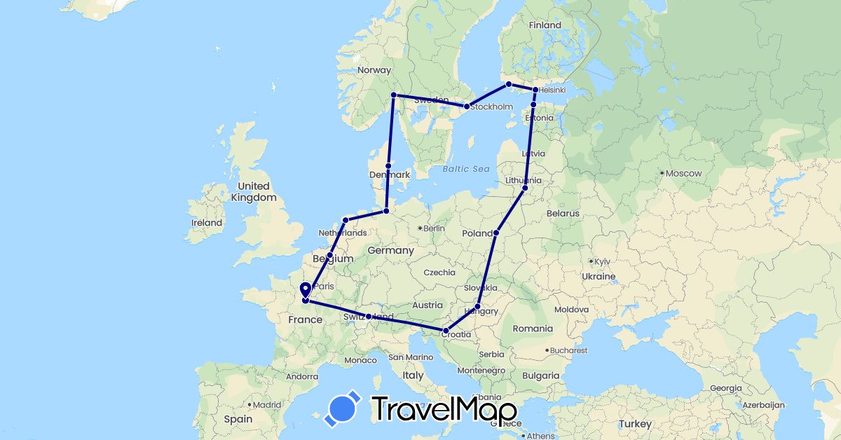 TravelMap itinerary: driving in Belgium, Switzerland, Germany, Denmark, Estonia, Finland, France, Croatia, Hungary, Lithuania, Netherlands, Norway, Poland, Sweden (Europe)